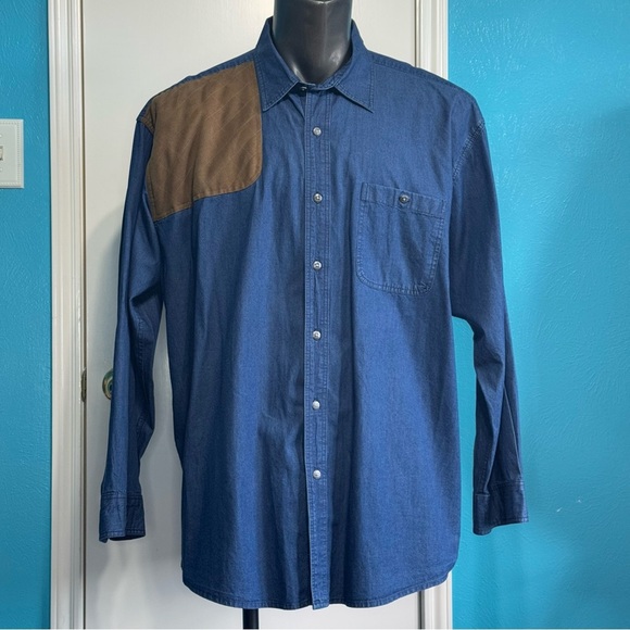Orvis Classic Blue Cotton Button down long sleeve Shirt with suede patch XXL - Picture 3 of 11